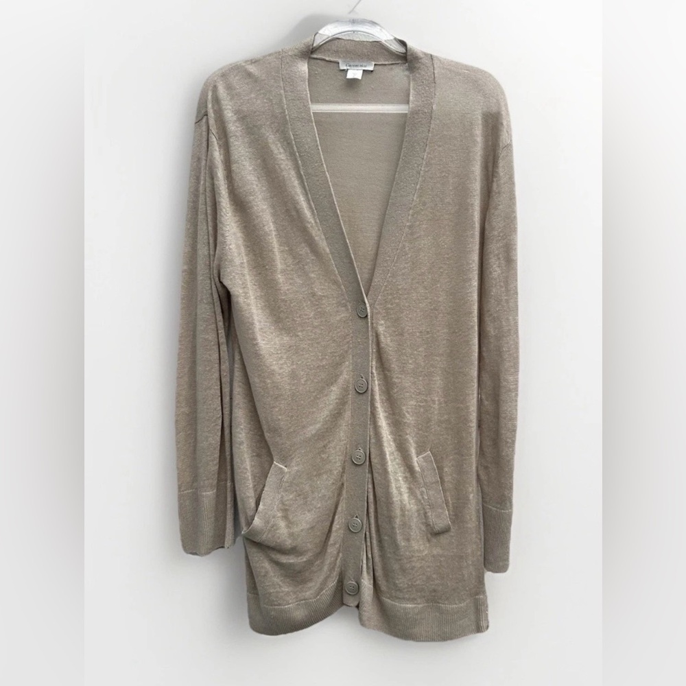 Garnet Hill 100% Linen Cardigan Sweater Sz S Beige Lightweight Oversized Pockets